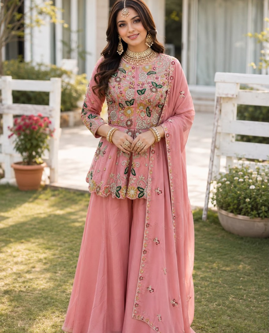 PINK - Pink Faux Crepe Embroidered Work Palazzo Salwar Suit